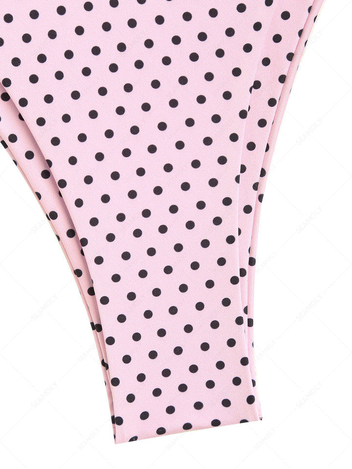Seamolly 3 Piece Polka Dot Print O Ring Double Layer Cheeky Boyshort Bikini Set