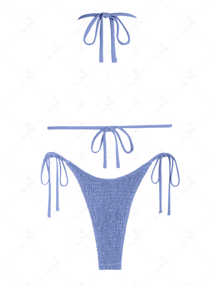 Seamolly Tie Side O-ring Shirred Smocked String Triangle Bikini Set(US DOMESTIC SHIPPING)
