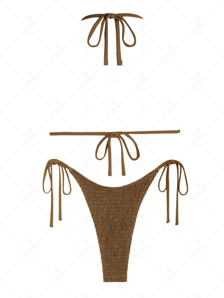 Seamolly Tie Side O-ring Shirred Smocked String Triangle Bikini Set(US DOMESTIC SHIPPING)