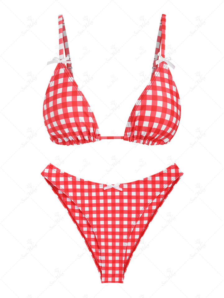 Seamolly Red Gingham Bow Decor Triangle Cheeky Bikini Set