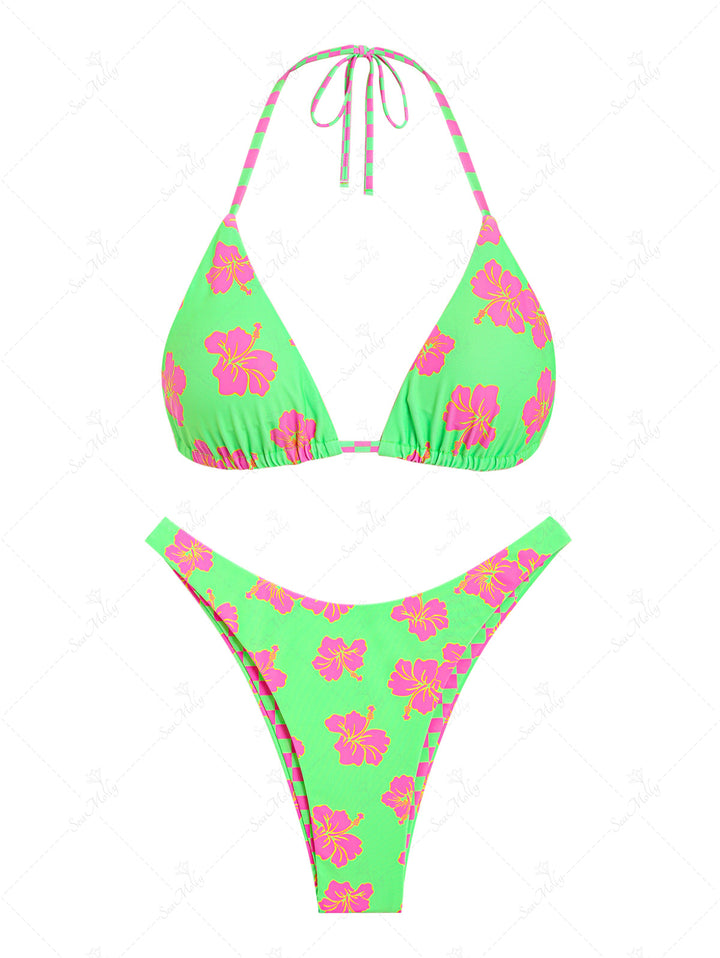 Seamolly Floral Checkerboard Halter Tied Reversible Triangle Neon Bikini Set