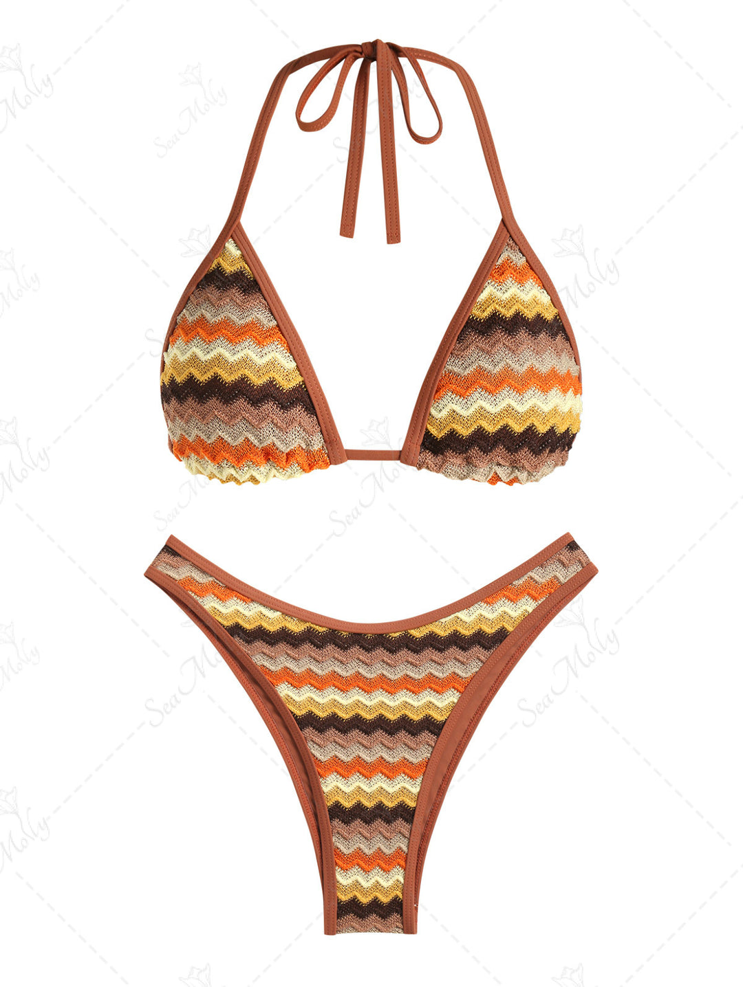 Seamolly Zig Zag Jacquard Textured Halter Tied Triangle Bikini Set