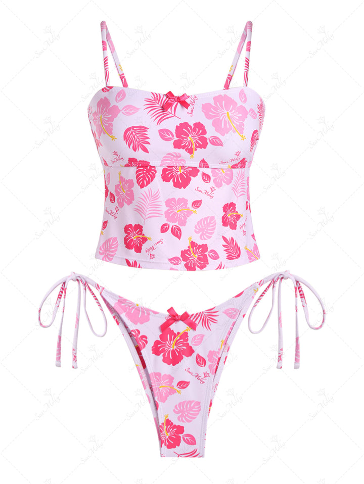 Seamolly Floral Leaves Bow Decor Tie Side Tankini Set