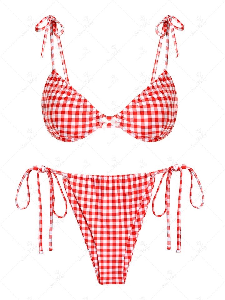 Seamolly Red Gingham Tie Shoulder Underwire Loincloth Bikini Set