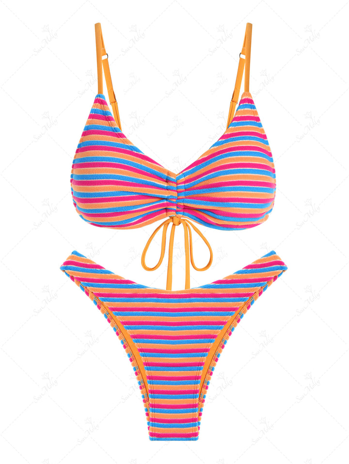 Flocking Textured Colorful Stripes Cinched Ruched Design Bikini Set