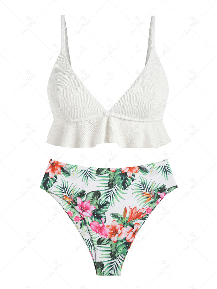 Seamolly Floral Leaves Jacquard Textured Tied Back Ruffles Mix and Match Tankini Set