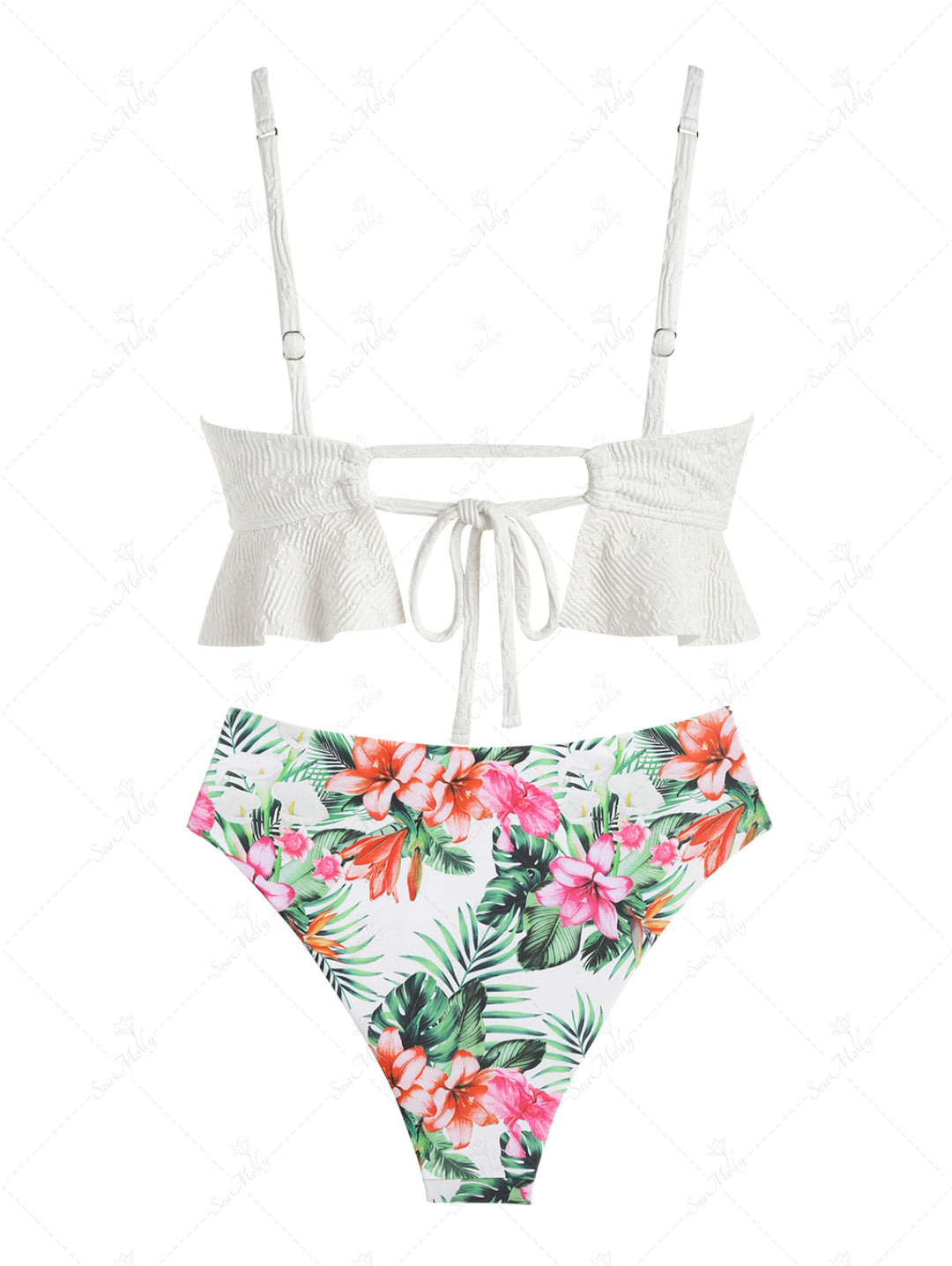 Seamolly Floral Leaves Jacquard Textured Tied Back Ruffles Mix and Match Tankini Set