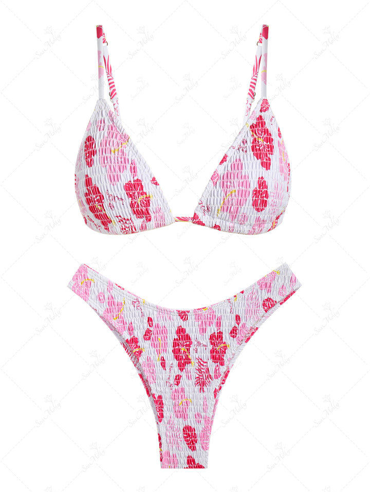 Floral Shirred Smocked Design Triangle Bikini Set