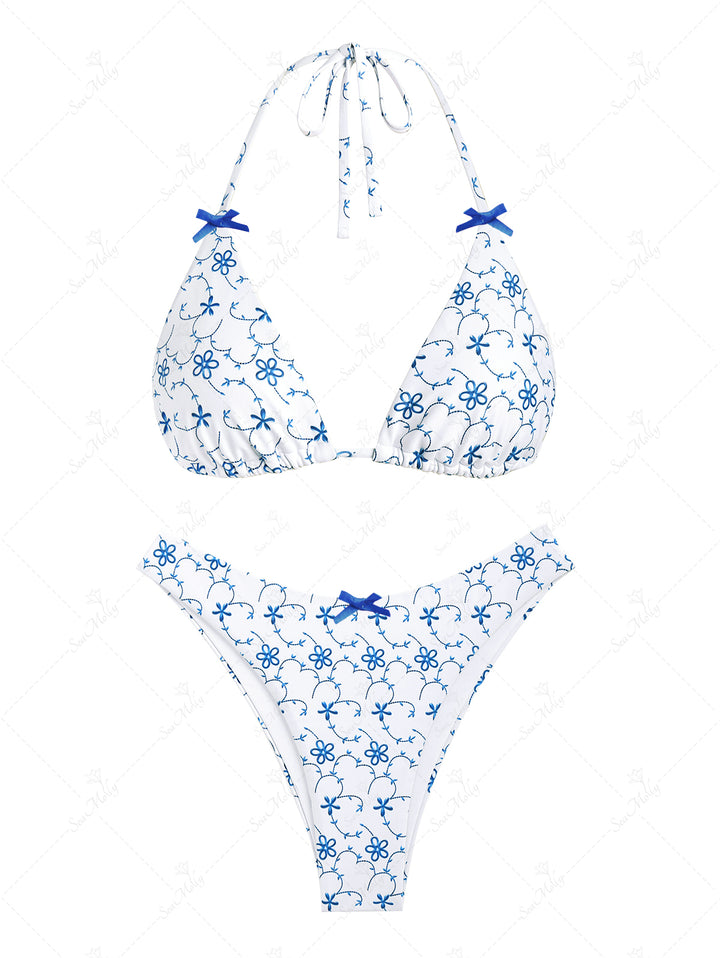 Seamolly Imitation embroidery Printed Bow Decor Halter Tied Triangle Bikini Set