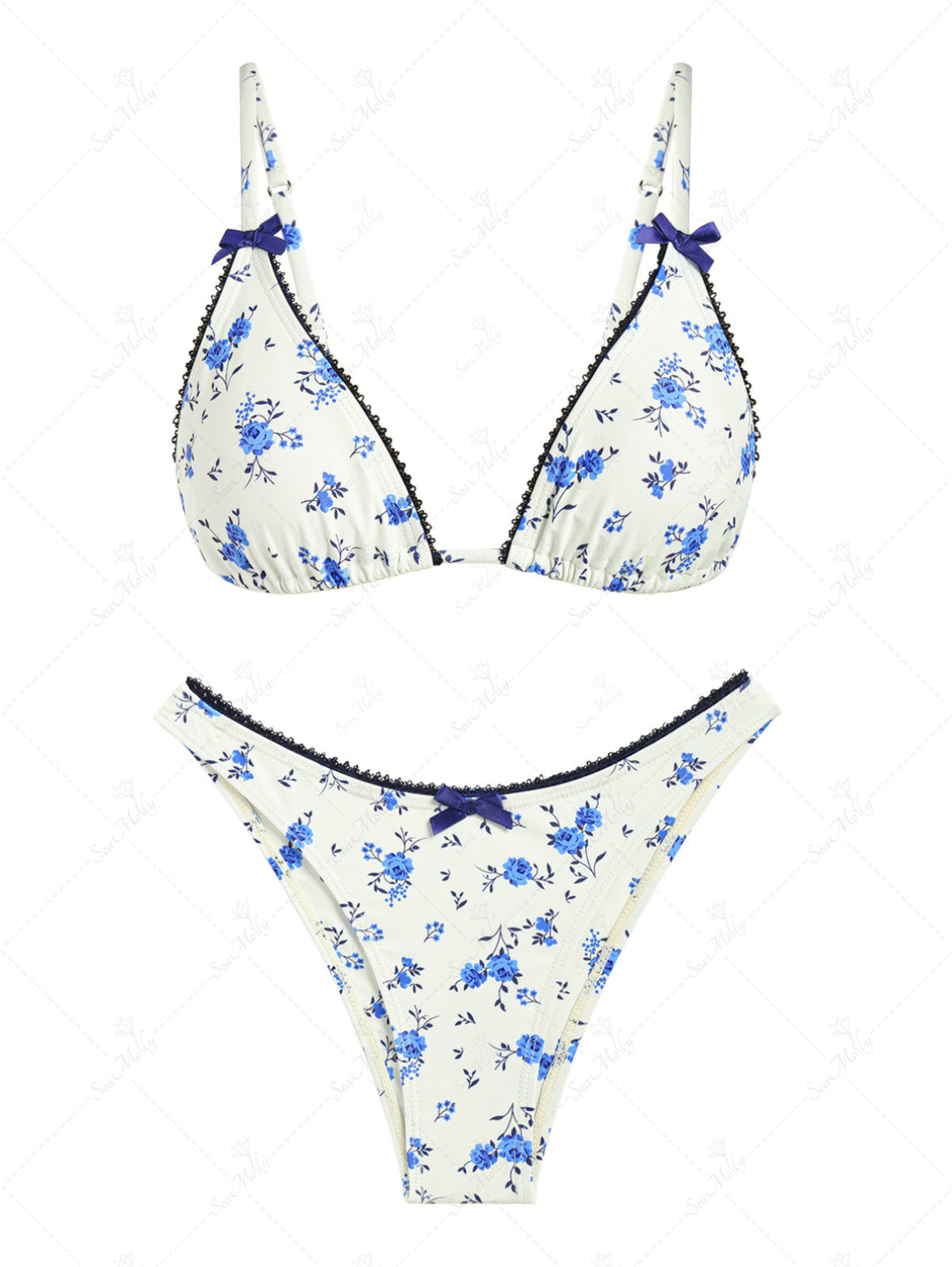 Seamolly Floral Bow Knotted Decor Triangle Bikini Set