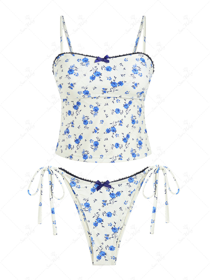 Seamolly Floral Cinched Back Bow Decor Tie Side Tankini Set