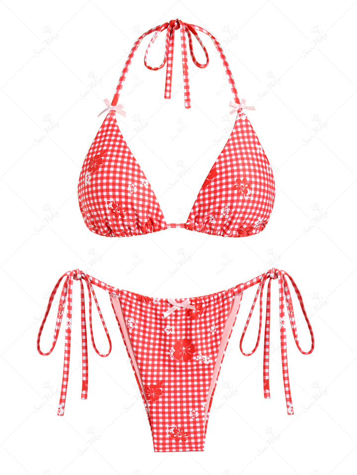 Seamolly Red Gingham Floral Halter Bow Knotted Decor Triangle Tie Side Bikini Set