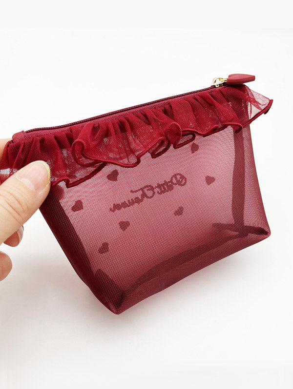 Sheer Mesh Heart Letter Print Cosmetic Bag