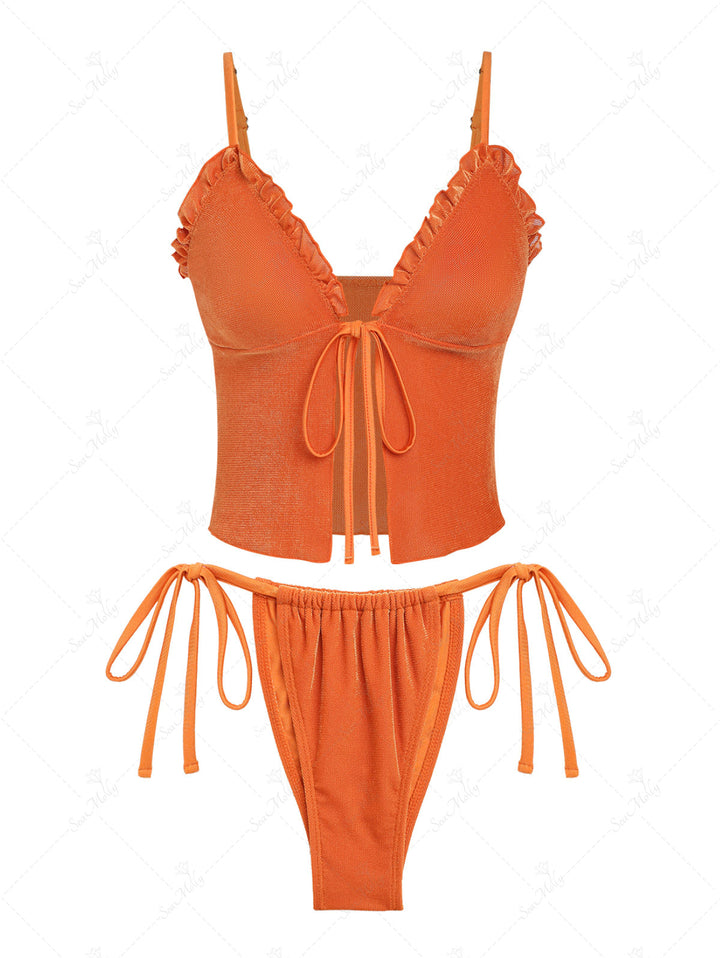 Seamolly Solid Color Ruffles Trim Tie Side Tankini Set