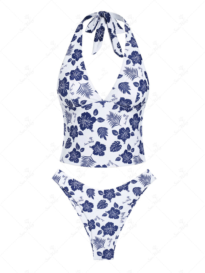 Seamolly Plant Leaves Floral Printed Halter Tied Tankini Set