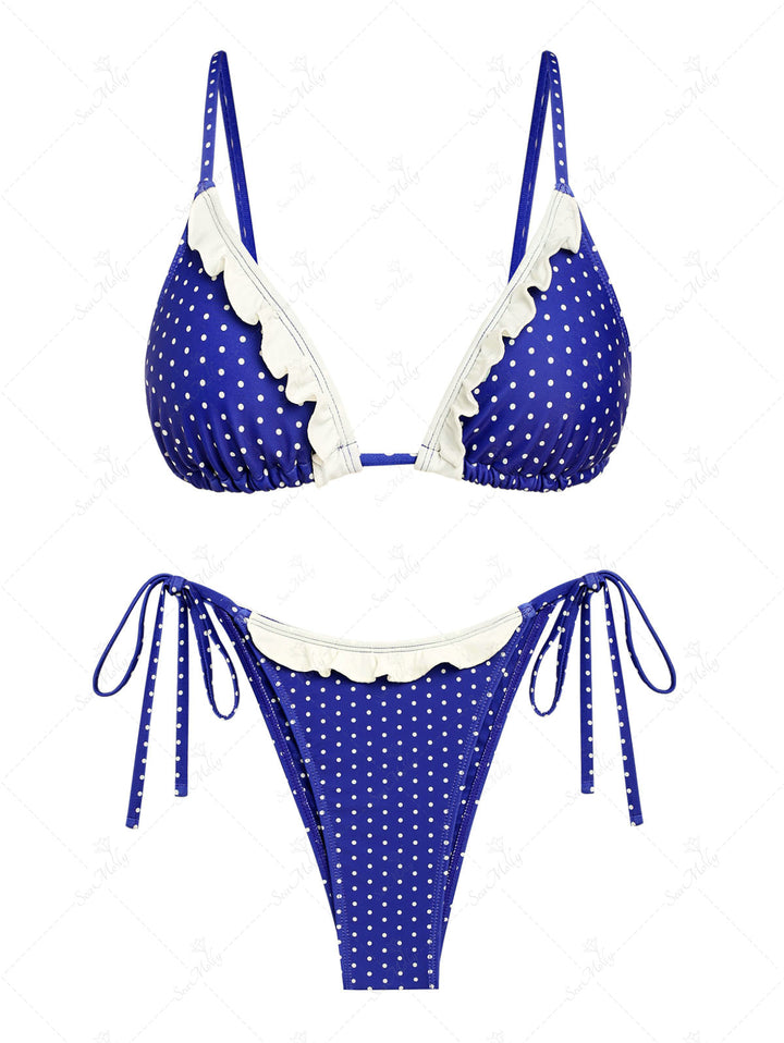 Seamolly Vintage Polka Dotted Frilled Ruffles Triangle Tie Side Bikini Set