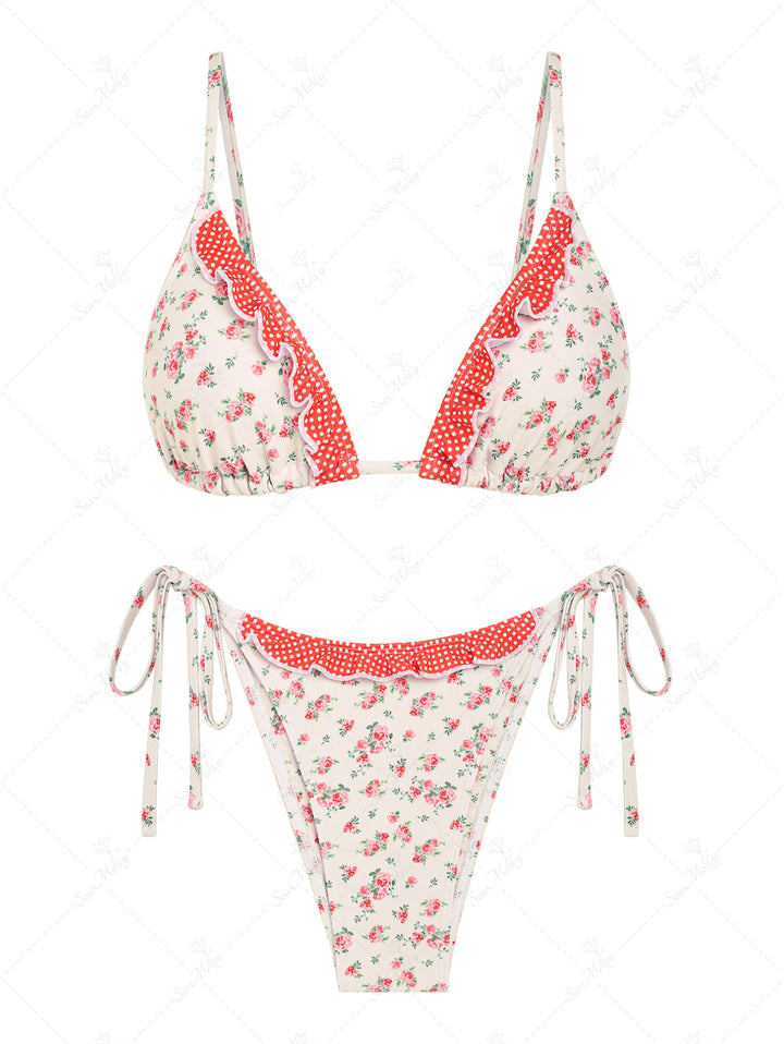 Seamolly Ditsy Floral Print Polka Dots Ruffles Triangle Tie Side Bikini Set