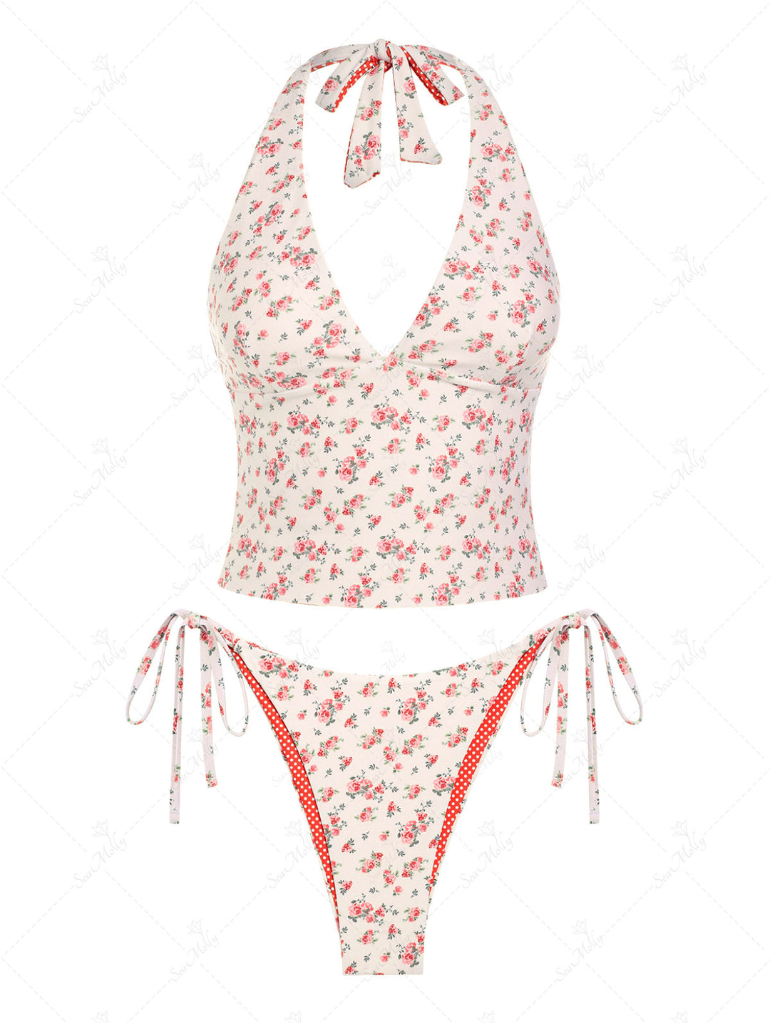 Seamolly Vintage Double-Sided Ditsy Floral And Polka Dots Printed Halter Tie Side Tankini Set