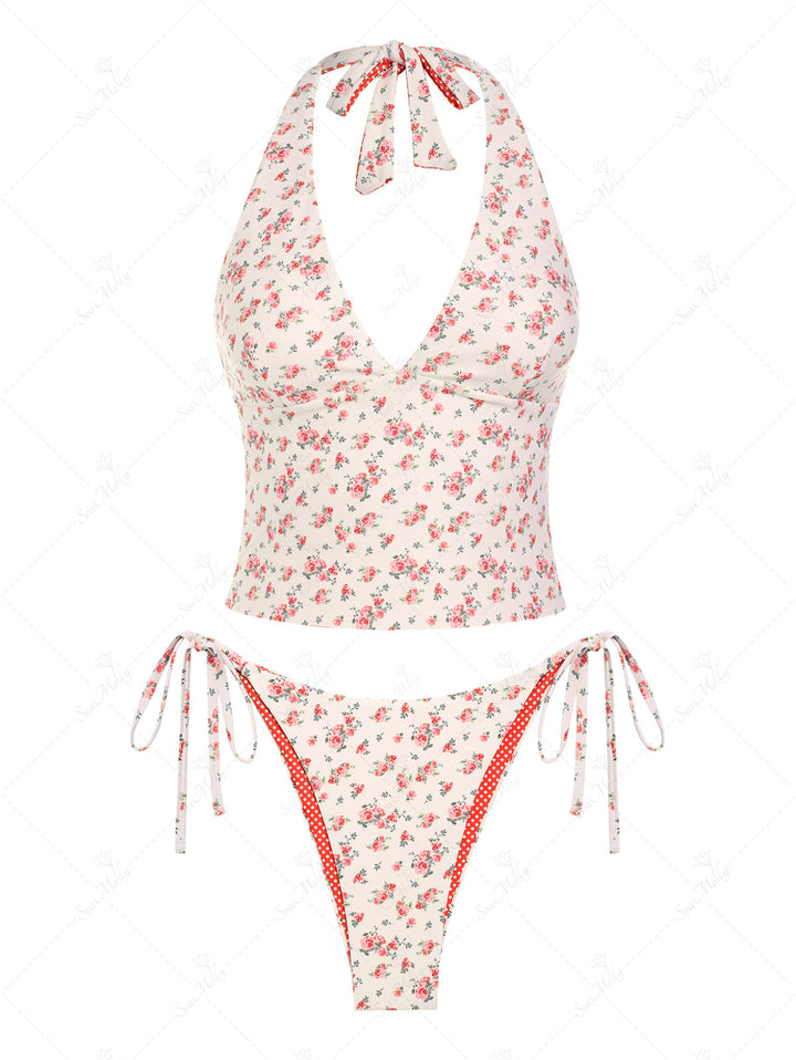 Seamolly Double-Sided Ditsy Floral And Polka Dots Printed Halter Tie Side Tankini Set