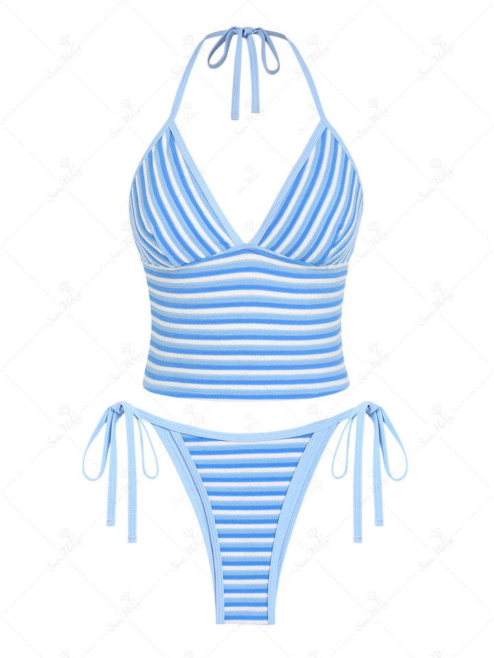 Seamolly Terry Toweling Colorblock Striped Halter Tie Side Tankini Set