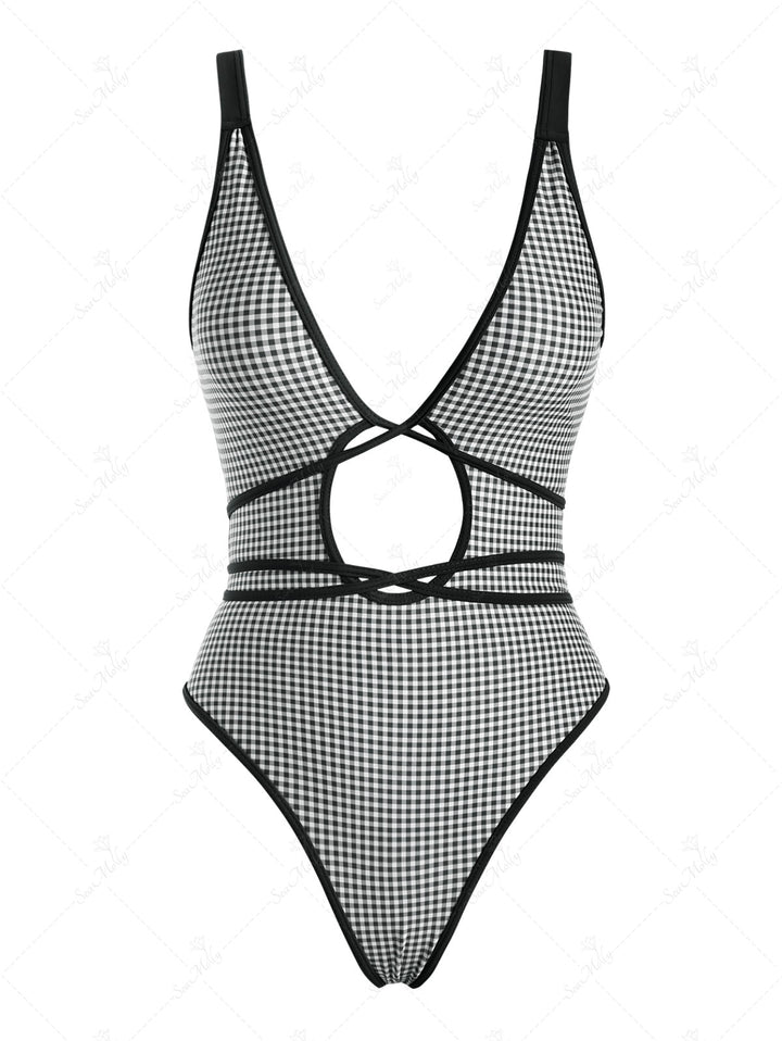 Seamolly Gingham Criss Cross Tied Open U Back Plunging Neck One-piece Swimsuit