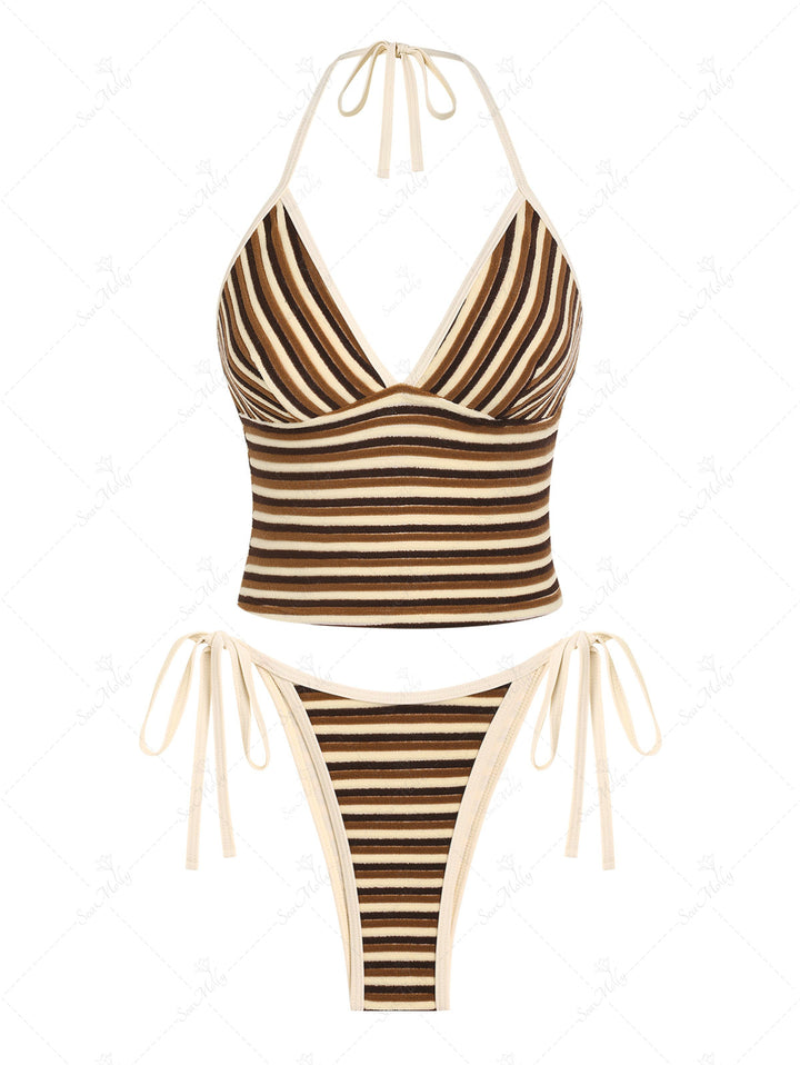 Seamolly Striped Colorblock Halter Tie Side Tankini Set