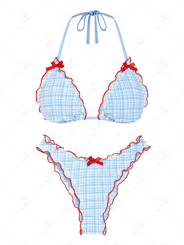 Seamolly Gingham Bowknot Decor Halter Tied Triangle Bikini Set