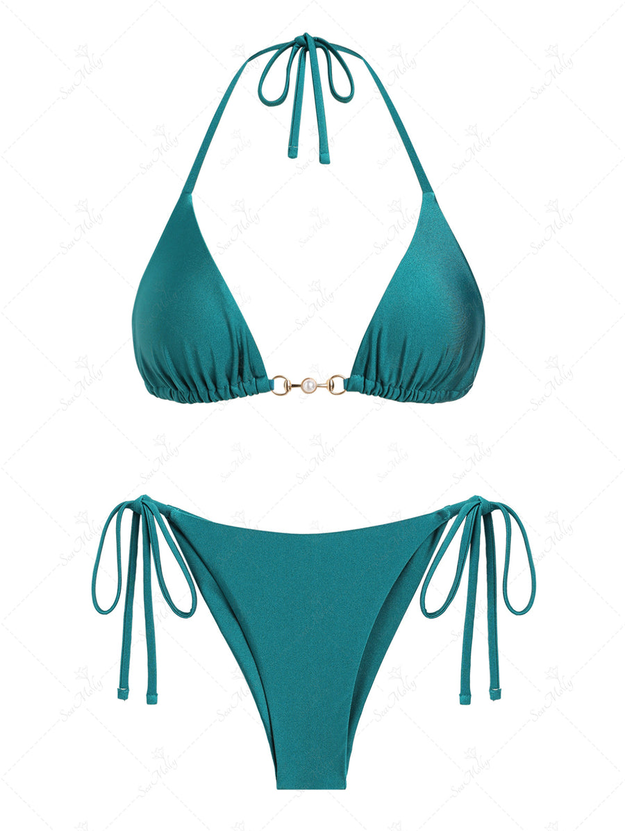 Seamolly Vintage Ruched U-Ring Metal Tied Back Bandeau Top & Cheeky Brazilian Bottom Bikini Set