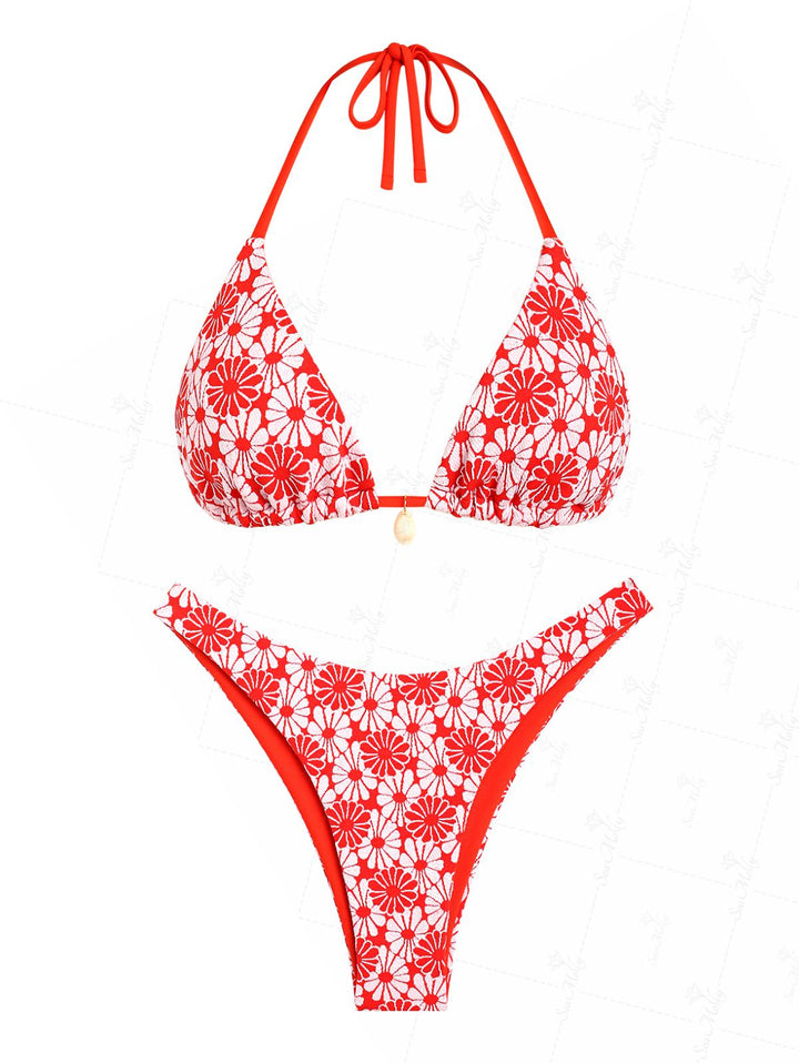 Seamolly Floral Jacquard Shell Decor Halter Triangle Bikini Set