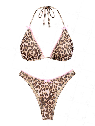 Seamolly Coffee Striped Lace Bowknot Tank Bikini Top