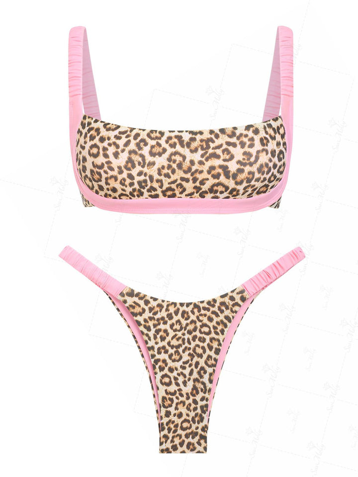 Seamolly Leopard Contrast Color Ruched Design High Leg Bikini Set