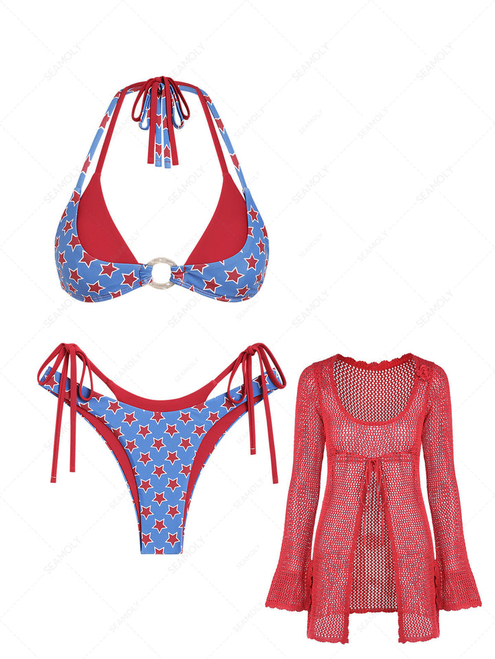 Seamolly 3 Piece Swimsuit - Stars Print O Ring Double Layer Bikini Set for 4th of July & Cover Up Top