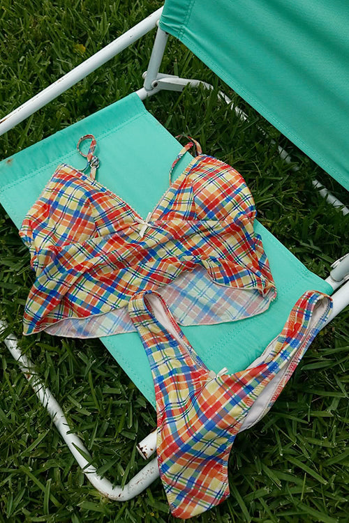Seamoly Gingham Floral Tankini Set With Lace-Up Front & Bowknot - Two-Piece Swimwear