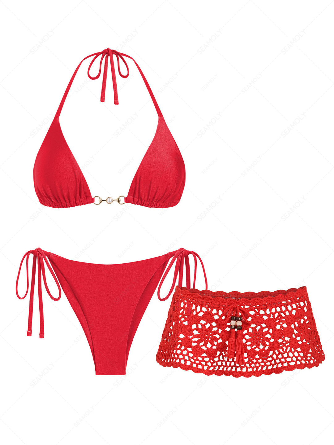 Seamolly 3 Piece Swimsuit - Solid Color Halter Triangle Bikini Set & Crochet Skirt Cover Up