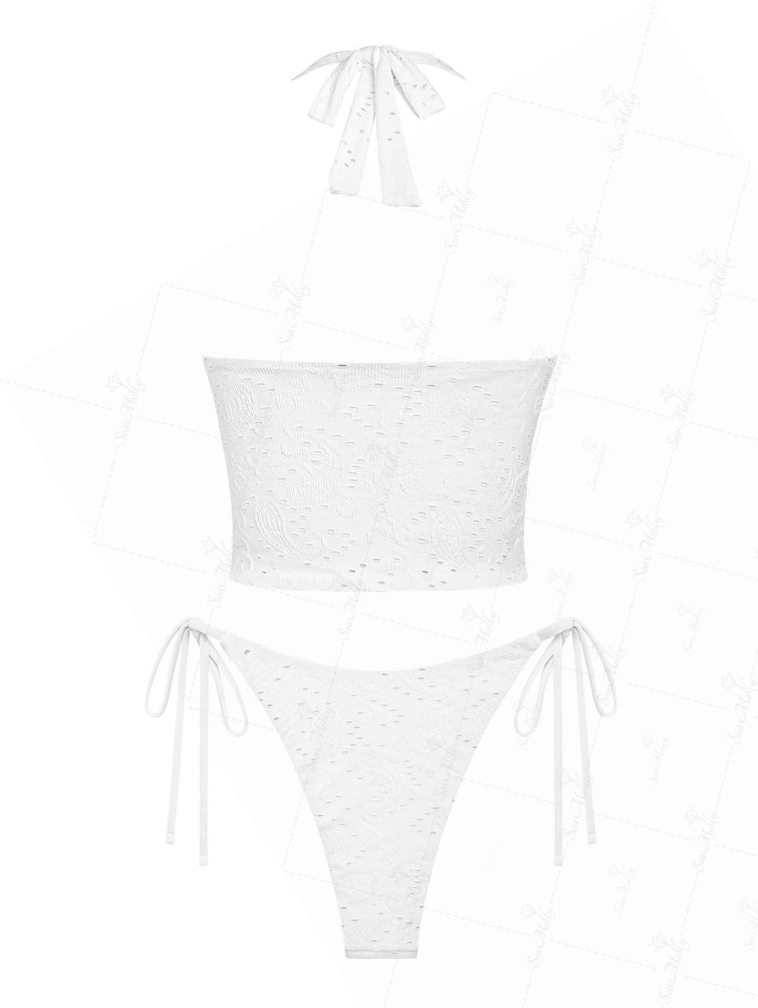 Seamolly Vintage Eyelet Jacquard Textured Bowknot Decor Halter Tie Side Tankini Set