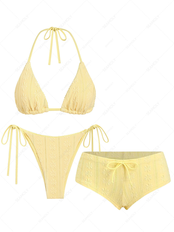 Seamolly 3 Piece Floral Jacquard Textured Triangle Cheeky Boyshort Bikini Set