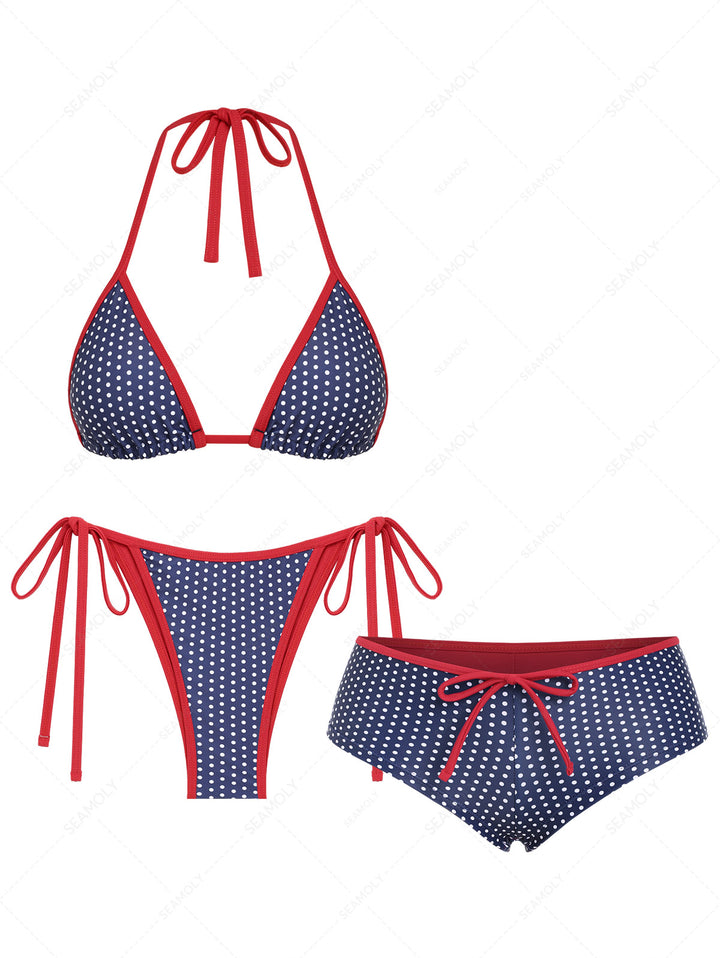 Seamolly 3 Piece Contrast Binding Polka Dot Triangle Cheeky Boyshort Bikini Set for 4th of July