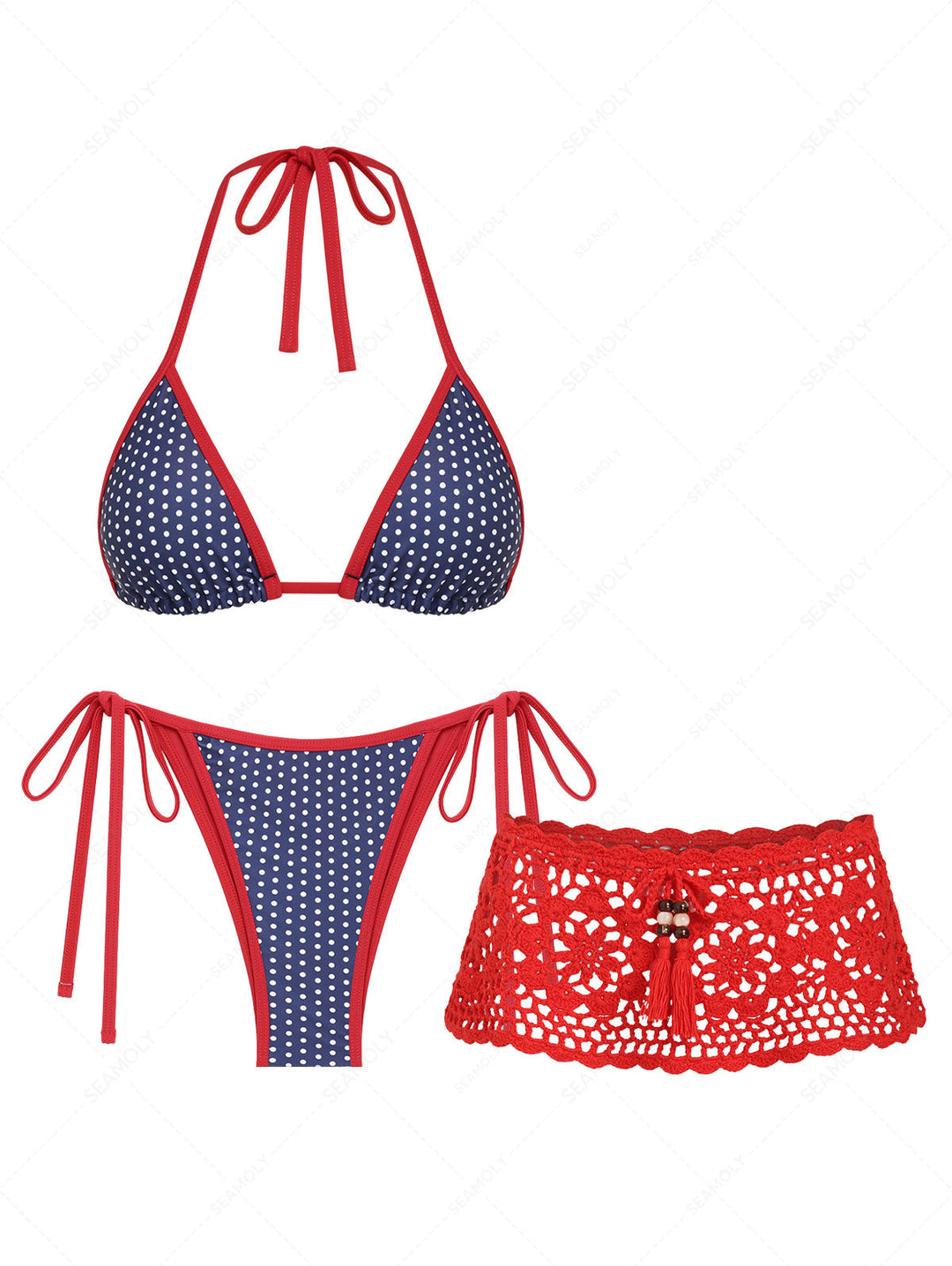 Seamolly 3 Piece Swimsuit - Polka Dot Halter Triangle Bikini Set & Crochet Skirt Cover Up