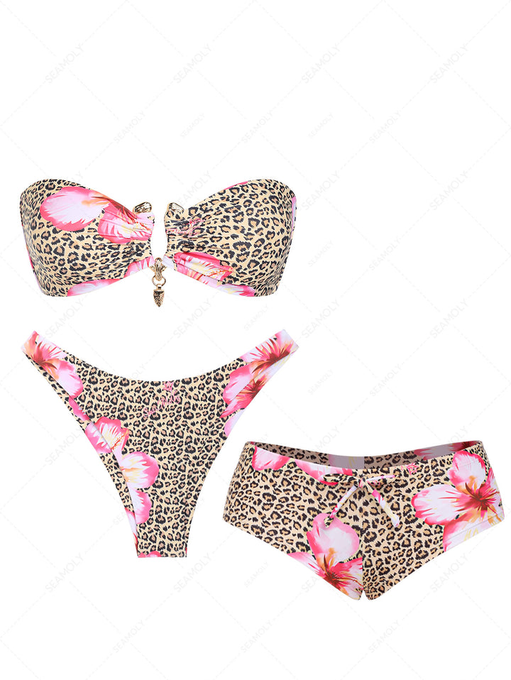 Seamolly 3 Piece Leopard Hawaii Style Hibiscus Print Bandeau Brazilian Cheeky Boyshort Bikini Set