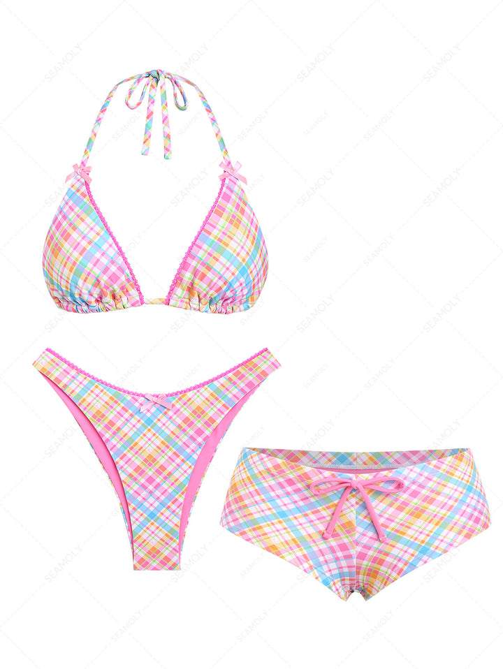 Seamolly 3 Piece Plaid Lace Bowknot Halter Triangle Cheeky Boyshort Bikini Set
