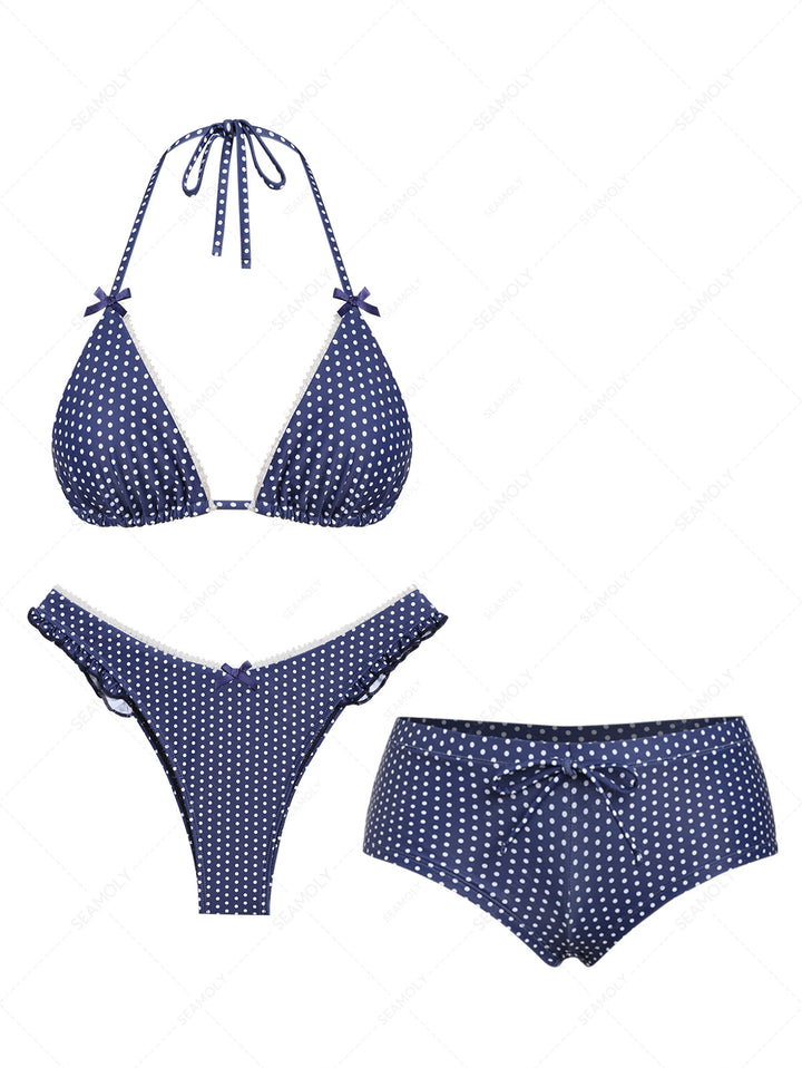 Seamolly Polka Dot Lace Bowknot Halter Tied 3 Piece Boyshort Bikini Set