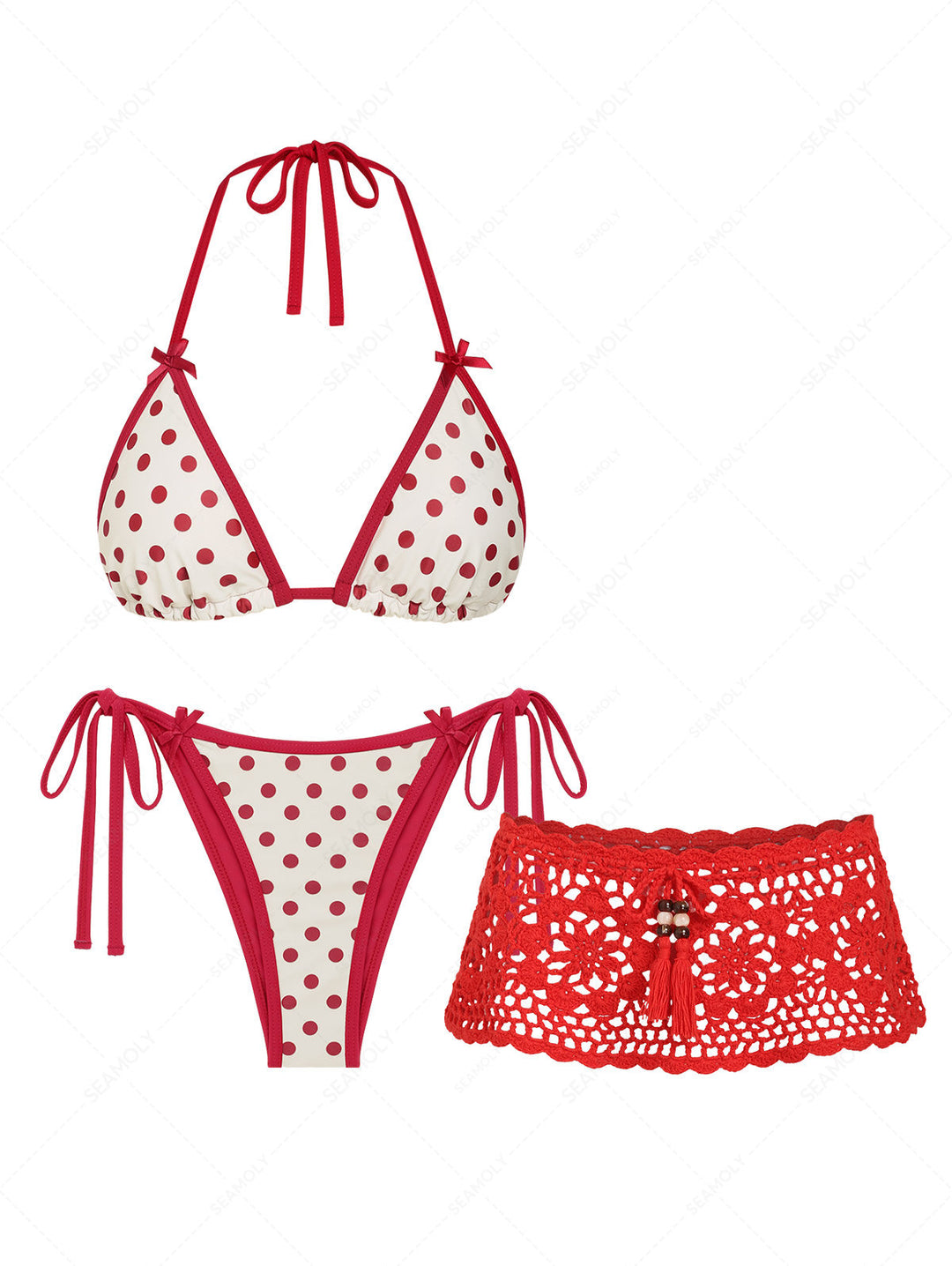 Seamolly 3 Piece Swimsuit - Polka Dot Bowknot Halter Triangle Bikini Set & Crochet Skirt Cover Up