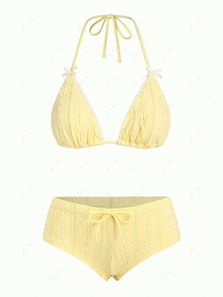 Janex Yellow Floral Jacquard Textured Lace Bowknot Triangle Bikini Set