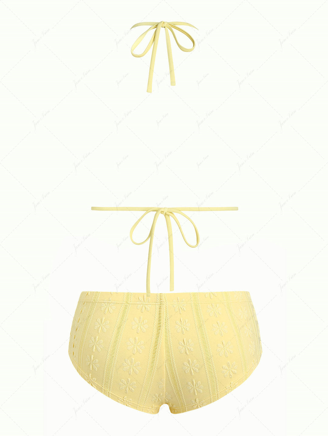 Janex Yellow Floral Jacquard Textured Lace Bowknot Triangle Bikini Set