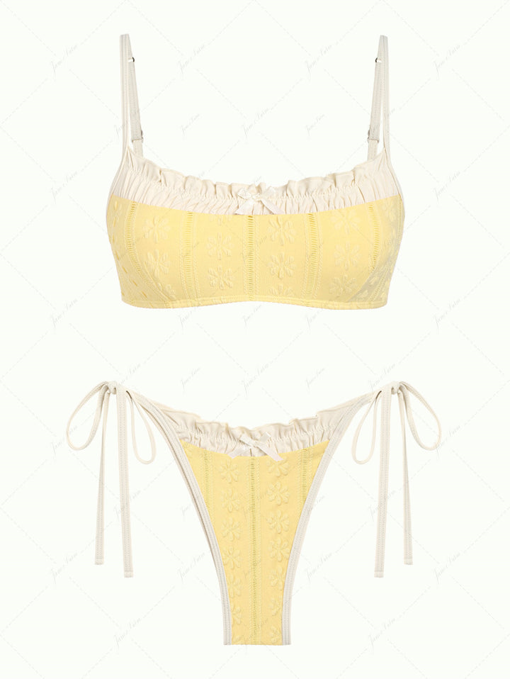 Janex Yellow Floral Jacquard Textured Bowknot Tie Side Cheeky Bikini Set