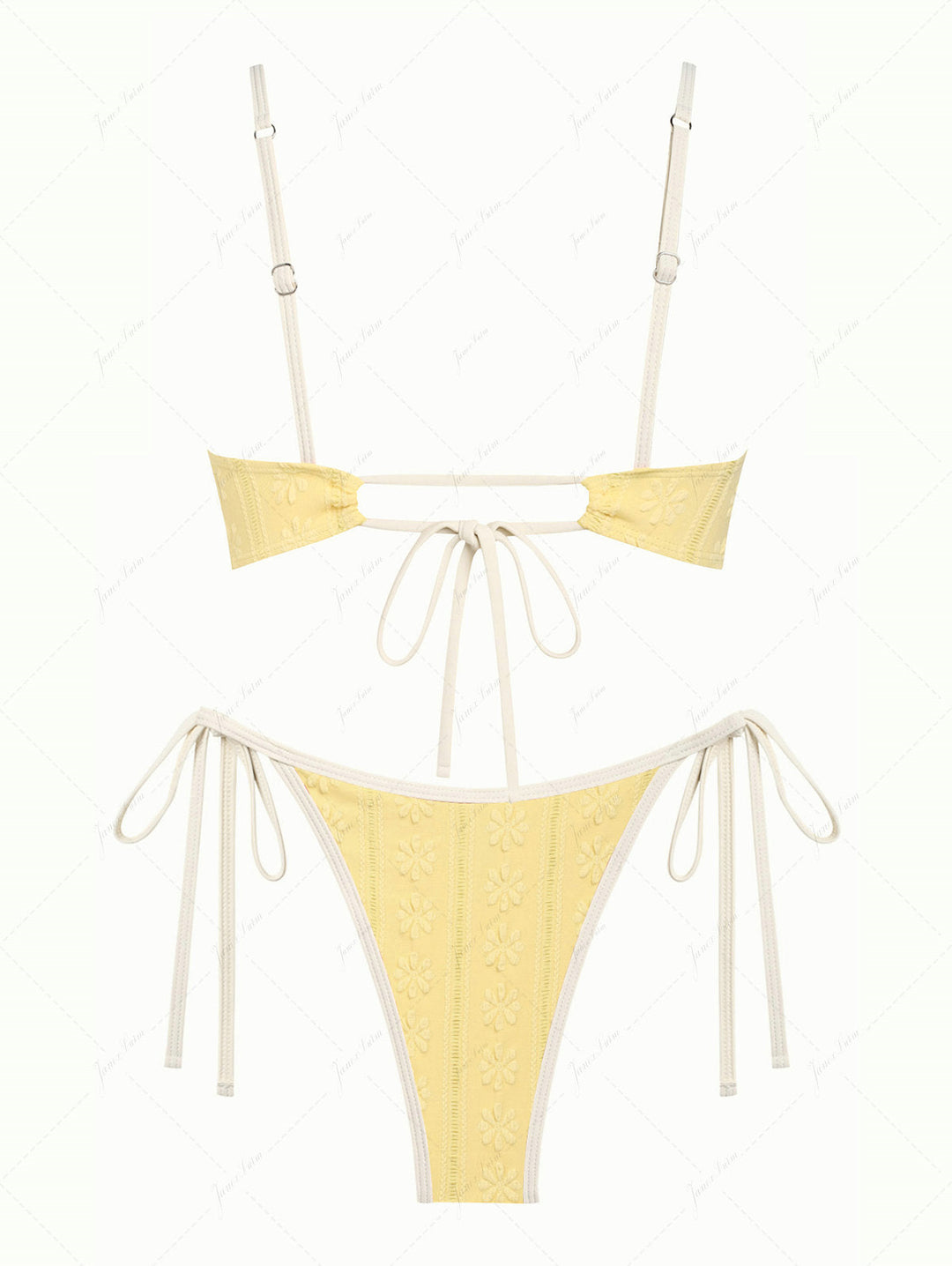 Janex Yellow Floral Jacquard Textured Bowknot Tie Side Cheeky Bikini Set