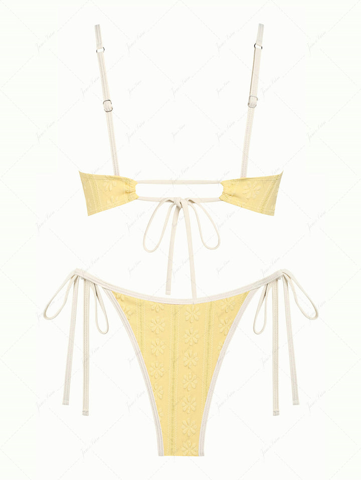 Janex Yellow Floral Jacquard Textured Bowknot Tie Side Cheeky Bikini Set