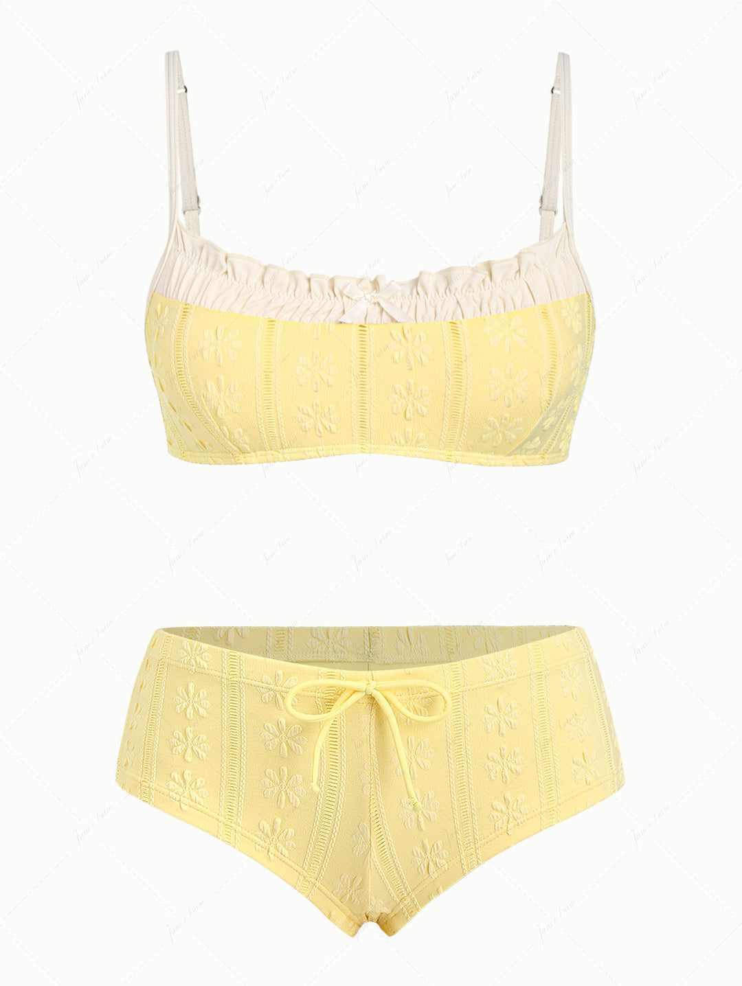 Yellow Floral Jacquard Textured Bowknot Cheeky Boyshorts Bikini Set
