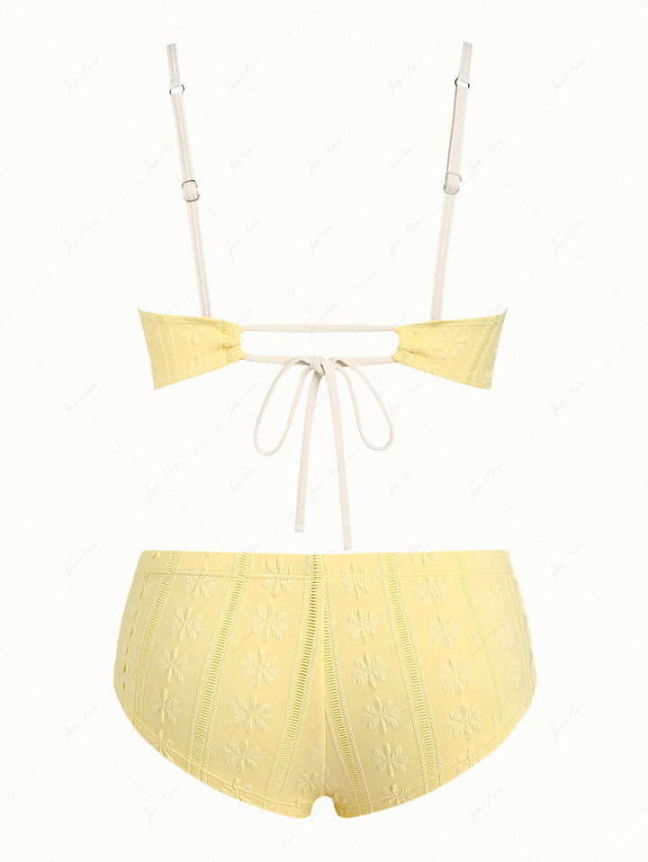 Yellow Floral Jacquard Textured Bowknot Cheeky Boyshorts Bikini Set