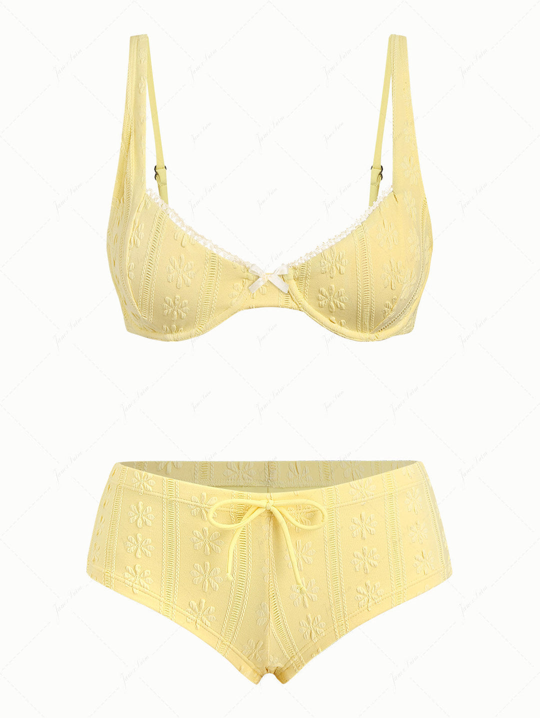 Yellow Jacquard Textured Lace Bowknot Underwire Cheeky Boyshorts Bikini Set